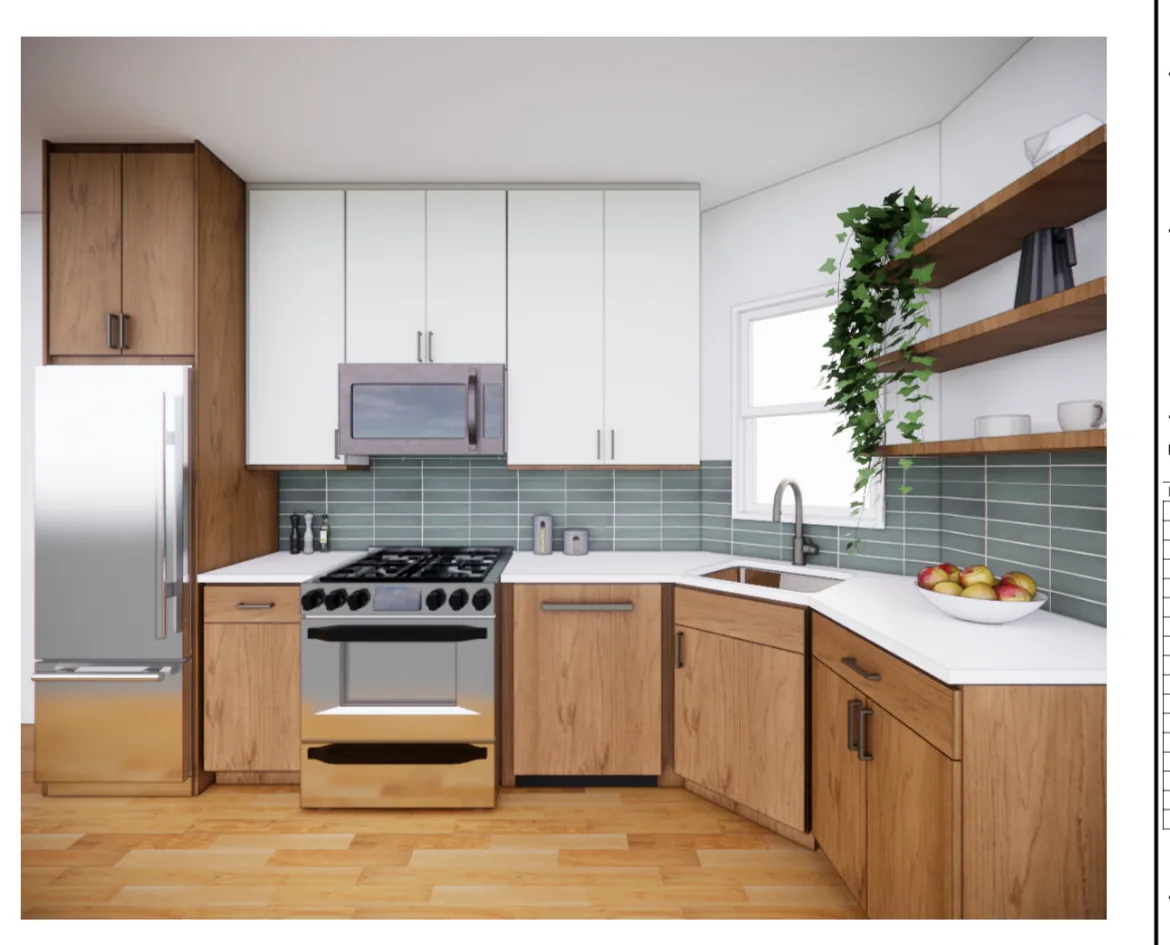 Oak lower cabinets with white uppers and a green tile backsplash