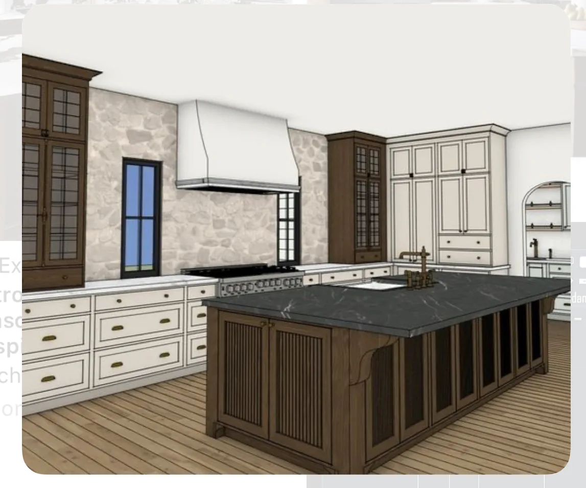 Rendering of a dark wood island with a stone top