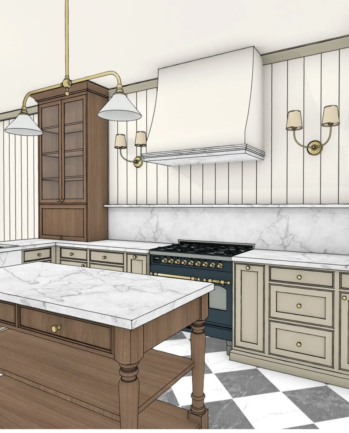 Layout rendering of a kitchen with a marble island, oak cabinets and a plaster range hood