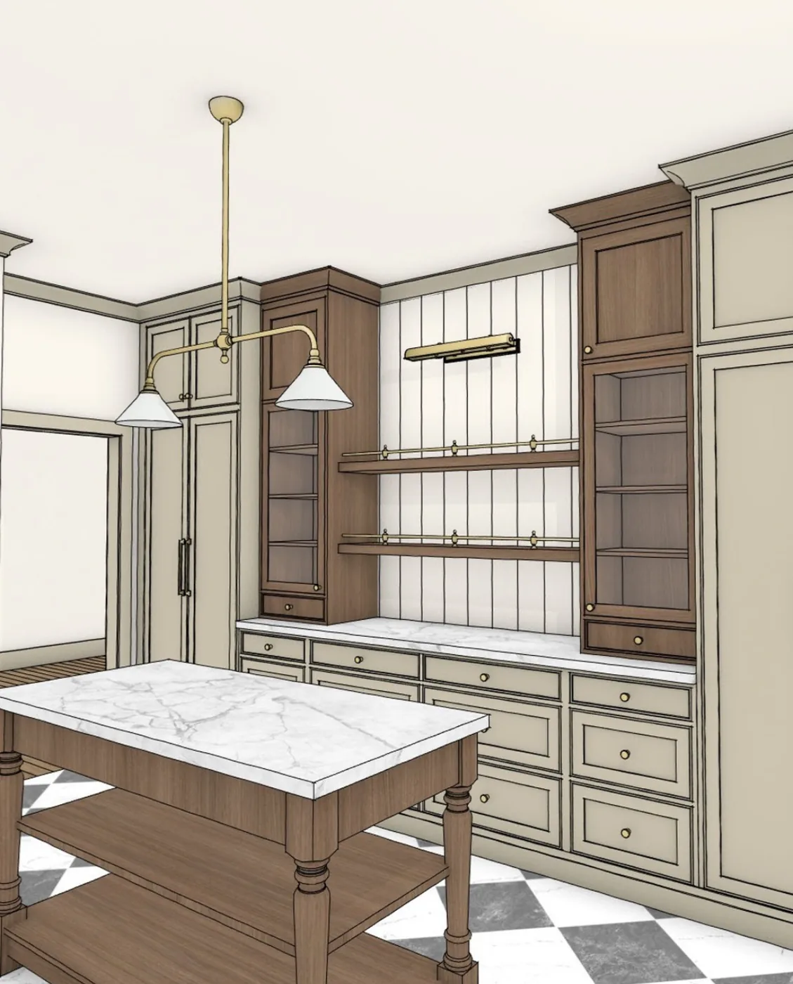 Rendering of a kitchen with open shelves and a wood island