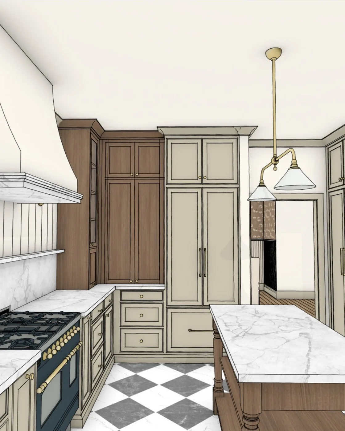 Rendering of a pantry corner with a marble island