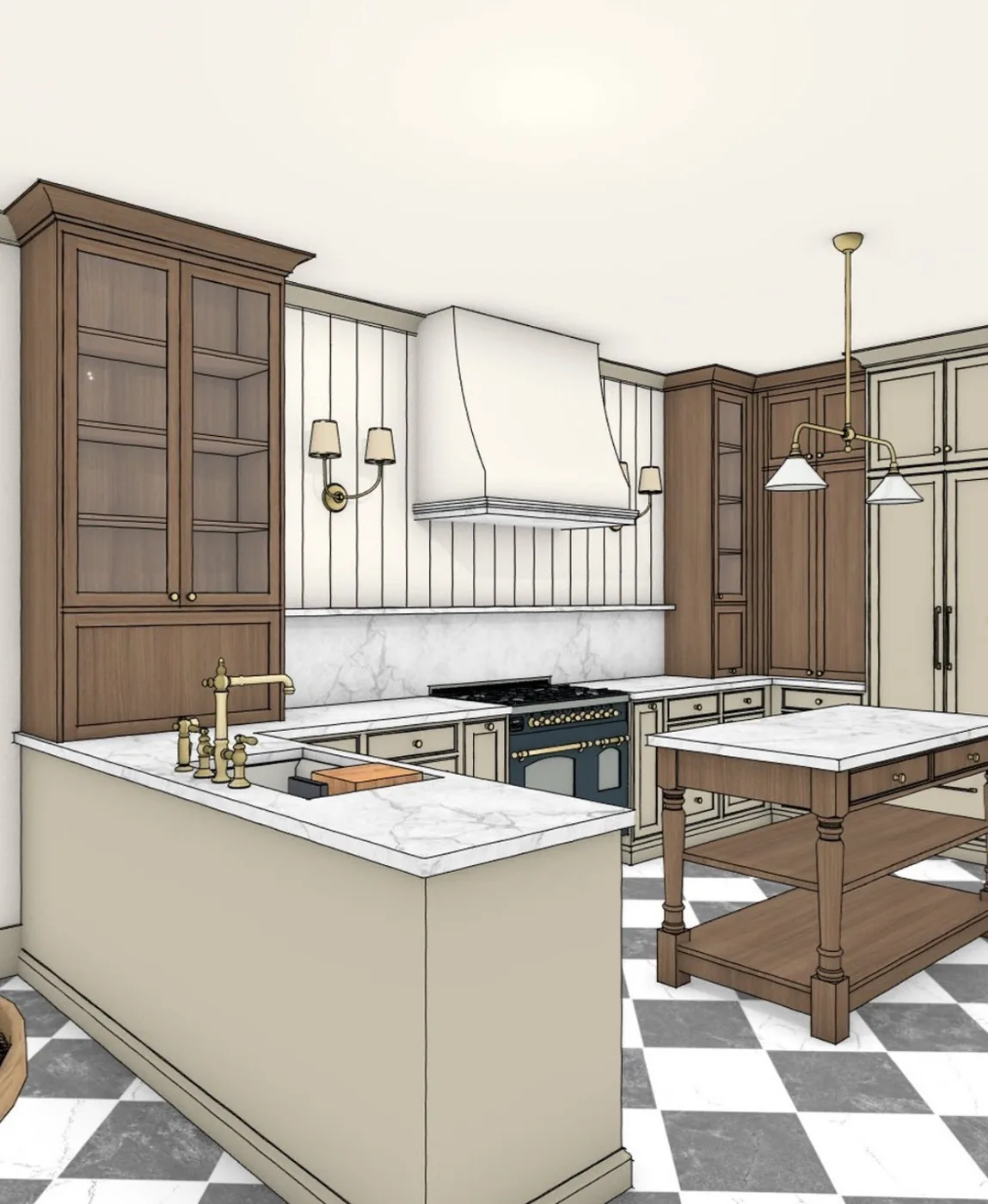 Rendering of a range wall with a paneled hood and checkerboard floor